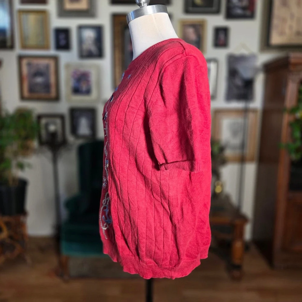 Vintage 90s Alfred Dunner Red Nautical‎ Embroidered Short Sleeve Knit Tee Blouse